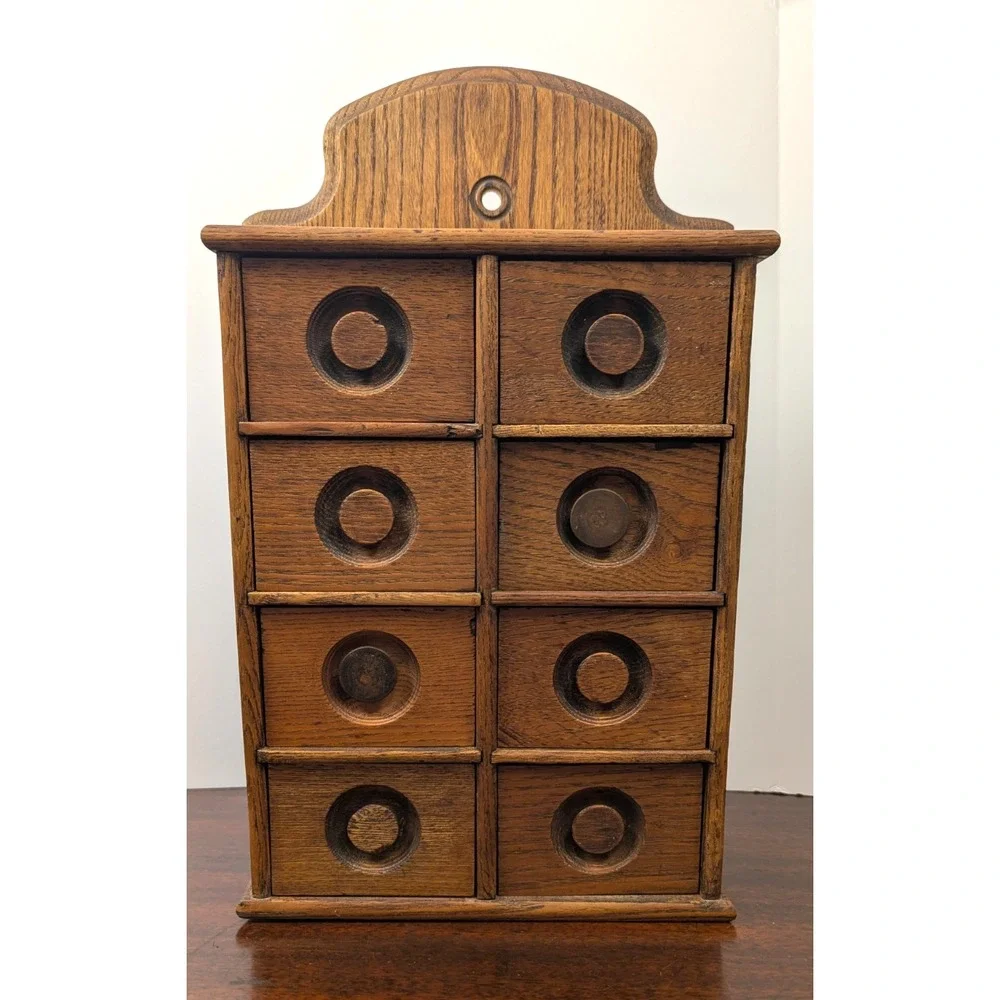 Antique Primitive Oak Wood Wall Spice Cabinet 8 Drawer Hanging Rack 16x11